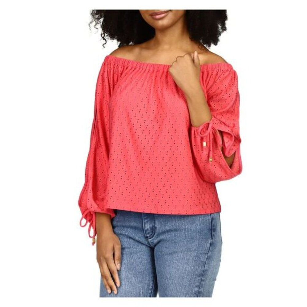 NWT MICHAEL Michael Kors Eyelet Split Tie Long Sleeve Off Shoulder ToP